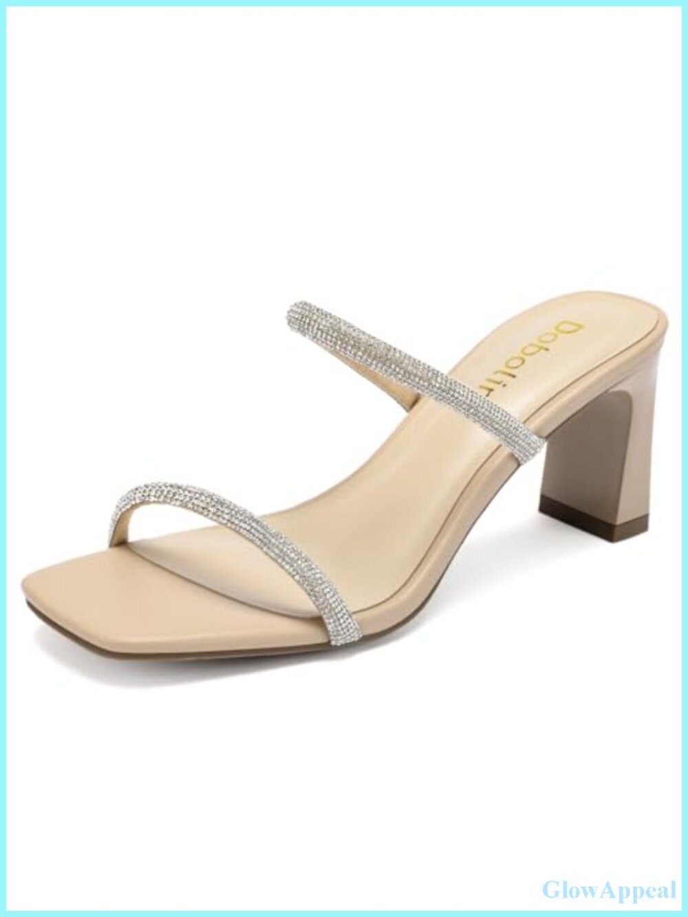 Rhinestone Block Heel Sandals Square Toe Two Strap Mules Faux Leather Slip On